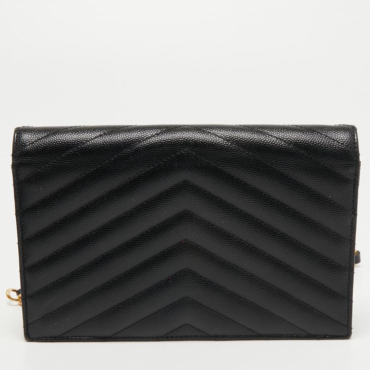 Pre Owned Saint Laurent Black Matelasse Leather Monogram Envelope Wallet on Chain