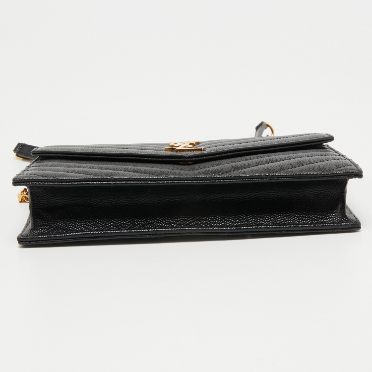 Pre Owned Saint Laurent Black Matelasse Leather Monogram Envelope Wallet on Chain