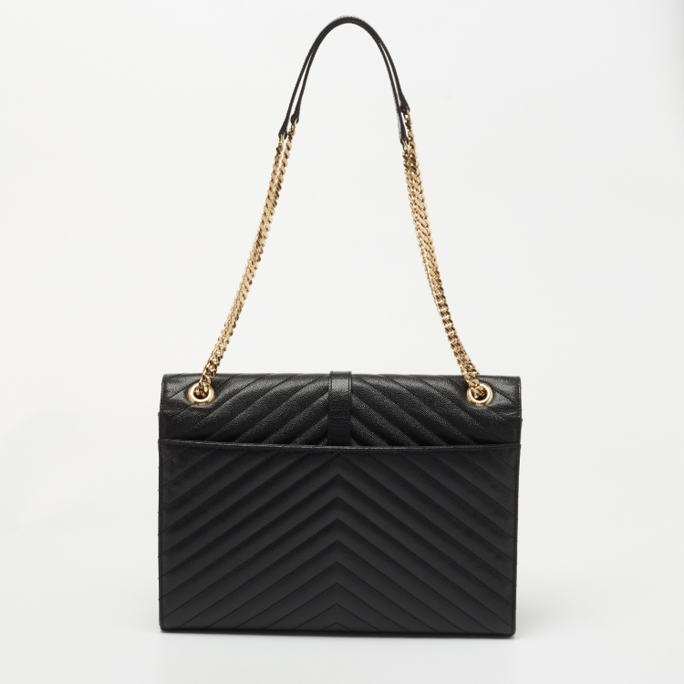 Pre Owned Saint Laurent Black Matelasse Leather Large Monogram Envelope Shoulder Bag