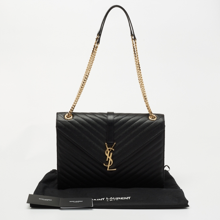 Pre Owned Saint Laurent Black Matelasse Leather Large Monogram Envelope Shoulder Bag