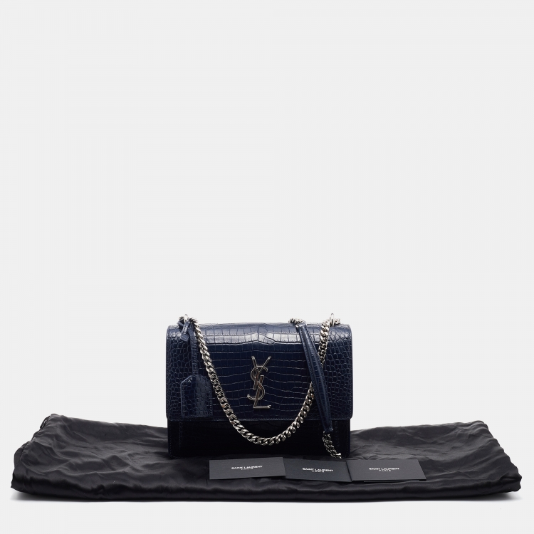 Pre Owned Saint Laurent Navy Blue Croc Embossed Leather Medium Sunset Shoulder Bag