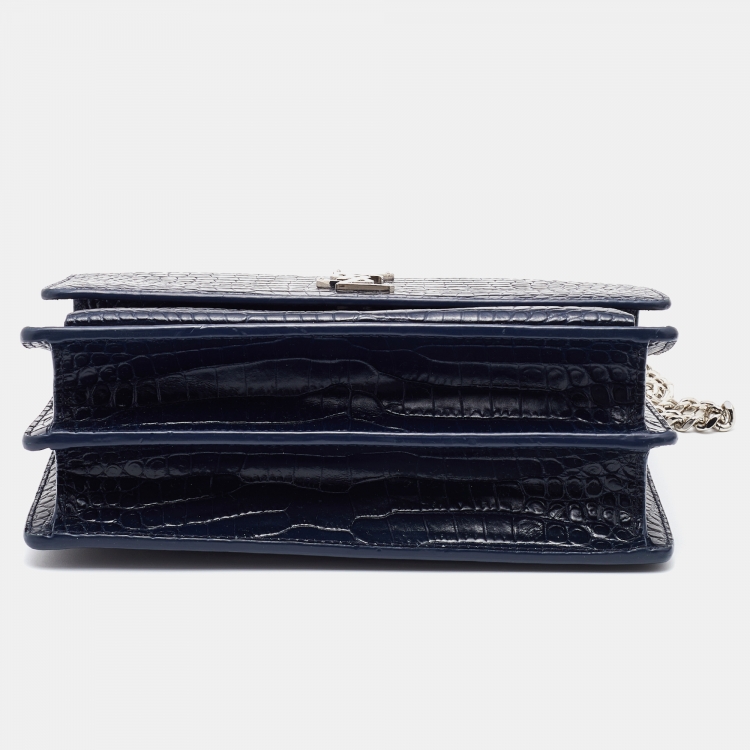 Pre Owned Saint Laurent Navy Blue Croc Embossed Leather Medium Sunset Shoulder Bag