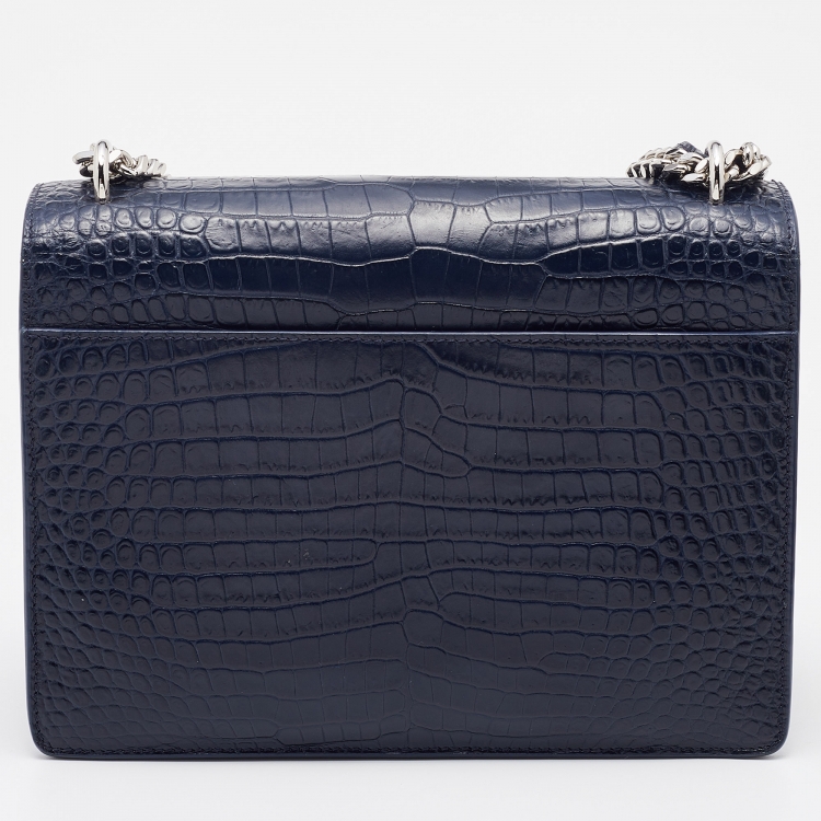 Pre Owned Saint Laurent Navy Blue Croc Embossed Leather Medium Sunset Shoulder Bag