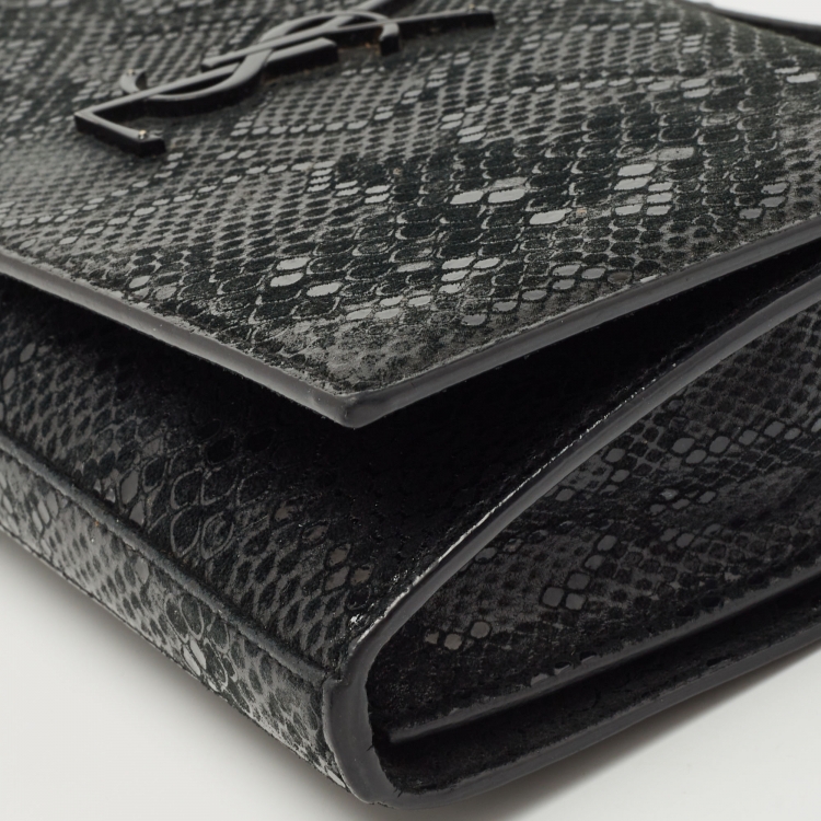 Pre Owned Saint Laurent Black Snakeskin Embossed Leather Kate Wallet On Chain