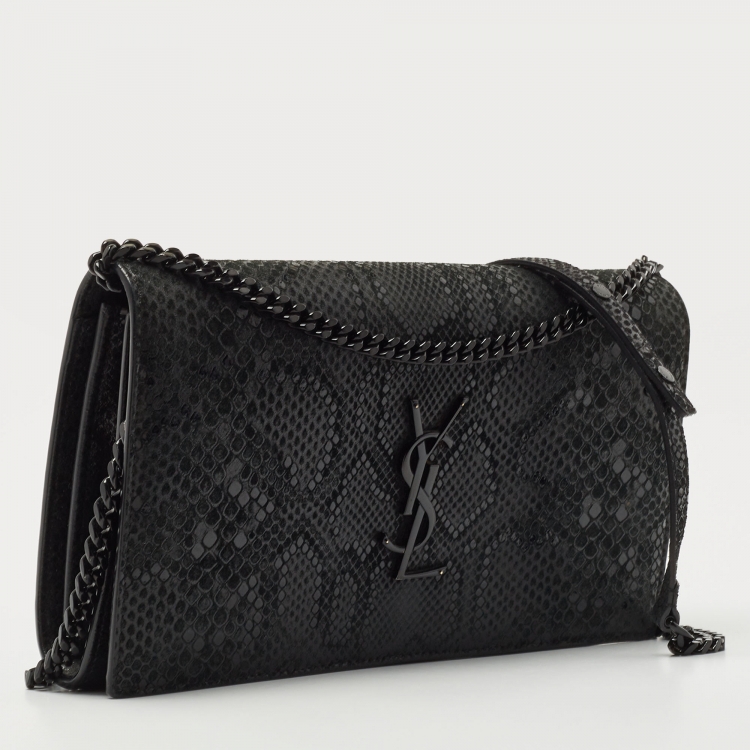 Pre Owned Saint Laurent Black Snakeskin Embossed Leather Kate Wallet On Chain