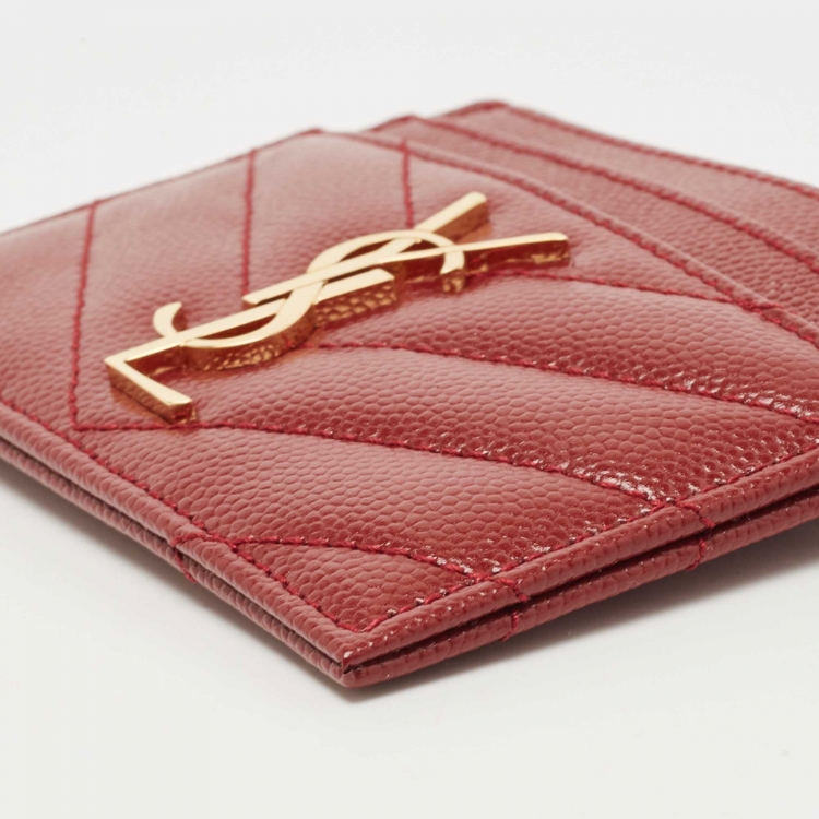 Pre Owned Saint Laurent Red Matelassé Leather Monogram Card Holder