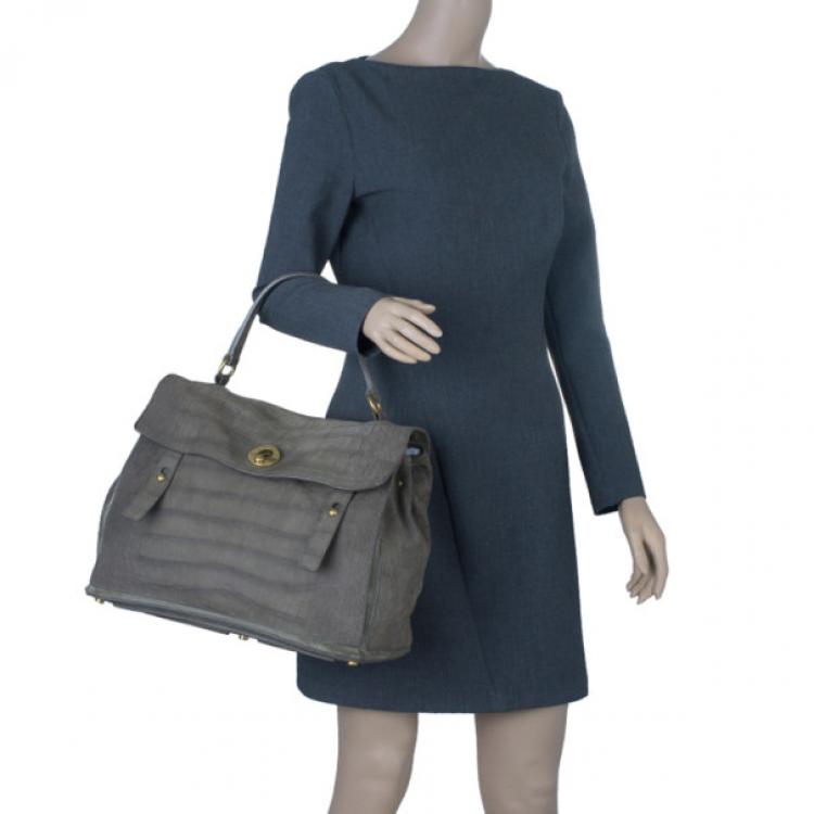 Pre Owned Saint Laurent Paris Green Croc Embossed Muse Two Satchel