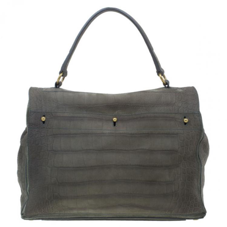 Pre Owned Saint Laurent Paris Green Croc Embossed Muse Two Satchel