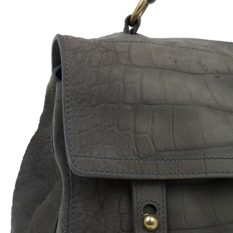 Pre Owned Saint Laurent Paris Green Croc Embossed Muse Two Satchel