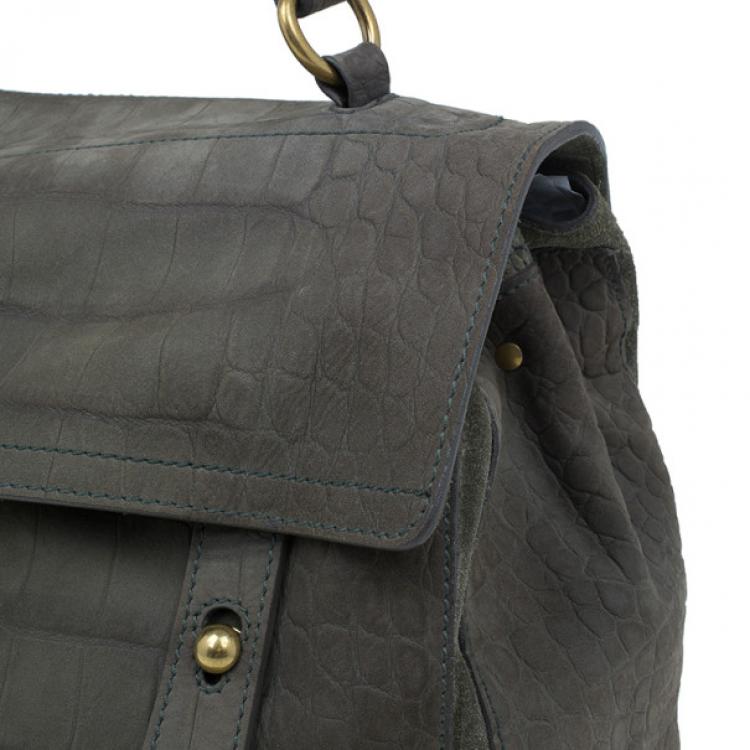 Pre Owned Saint Laurent Paris Green Croc Embossed Muse Two Satchel