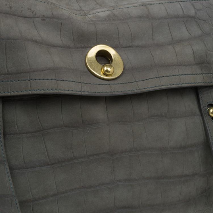 Pre Owned Saint Laurent Paris Green Croc Embossed Muse Two Satchel