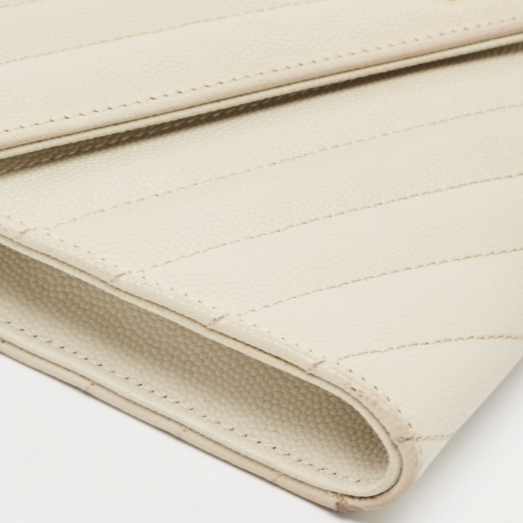 Pre Owned Saint Laurent Off White Matelasse Leather Cassandre Wristlet Clutch