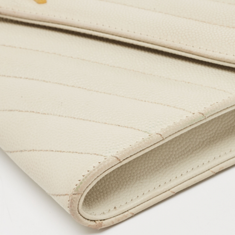 Pre Owned Saint Laurent Off White Matelasse Leather Cassandre Wristlet Clutch