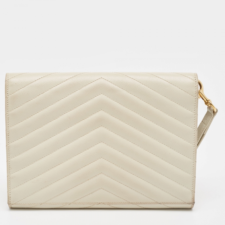 Pre Owned Saint Laurent Off White Matelasse Leather Cassandre Wristlet Clutch
