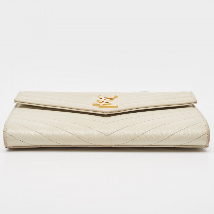 Pre Owned Saint Laurent Off White Matelasse Leather Cassandre Wristlet Clutch