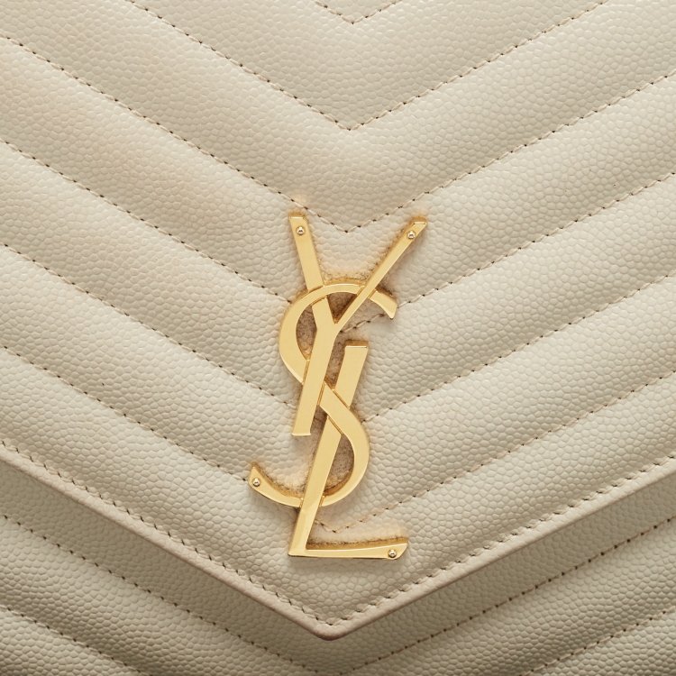 Pre Owned Saint Laurent Off White Matelasse Leather Cassandre Wristlet Clutch