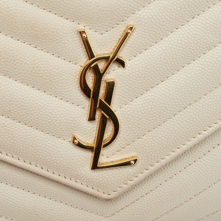 Pre Owned Saint Laurent Off White Matelasse Leather Cassandre Wristlet Clutch
