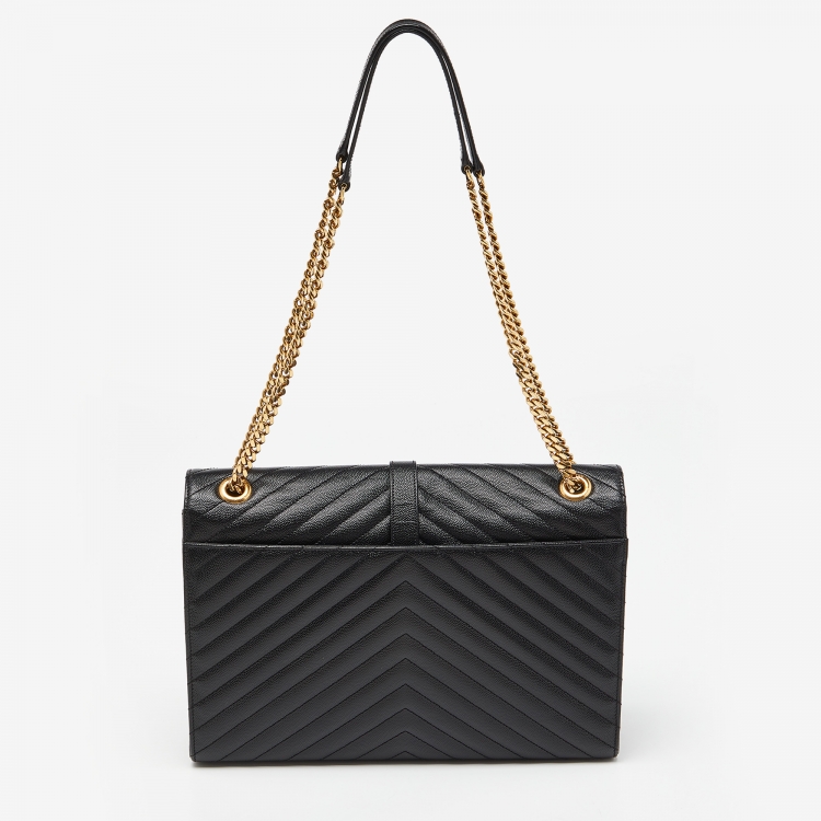 Pre Owned Saint Laurent Black Matelassé Leather Large Monogram Envelope Shoulder Bag