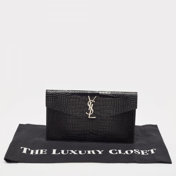 Pre Owned Saint Laurent Black Croc Embossed Leather Uptown Clutch