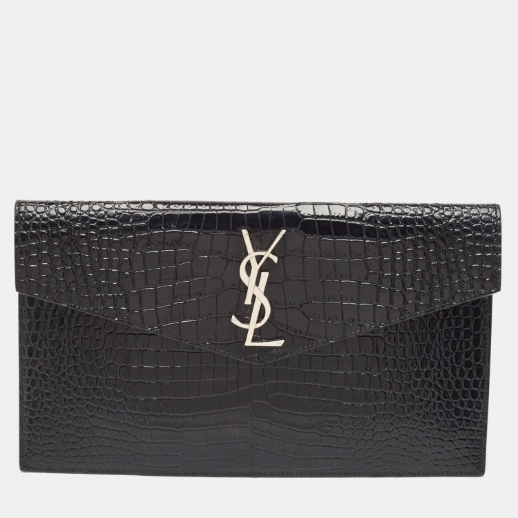 Pre Owned Saint Laurent Black Croc Embossed Leather Uptown Clutch