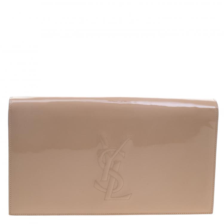 Pre Owned Saint Laurent Paris Beige Patent Leather Belle De Jour Flap Clutch