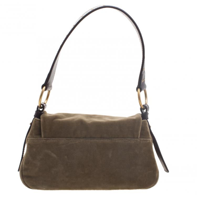 Pre Owned Saint Laurent Paris Olive Green Suede Venise Shoulder Bag