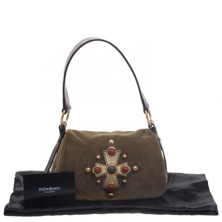 Pre Owned Saint Laurent Paris Olive Green Suede Venise Shoulder Bag