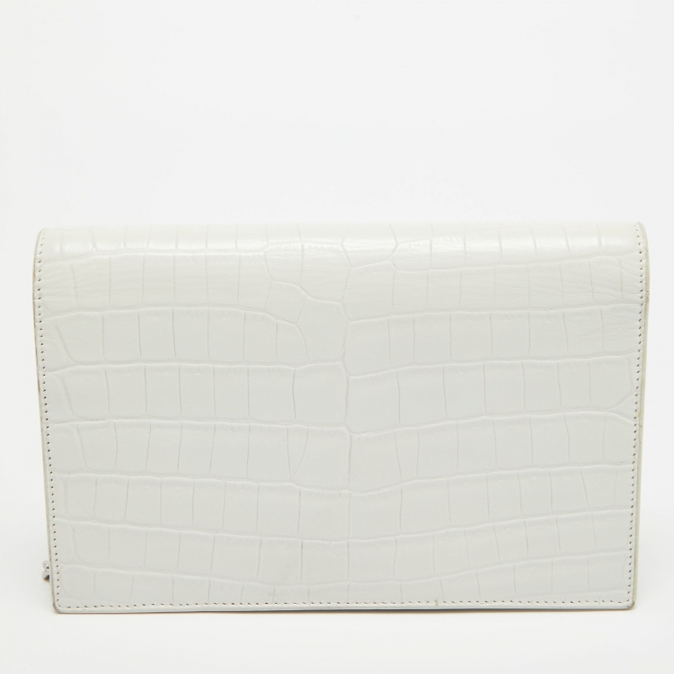 Pre Owned Saint Laurent White Croc Embossed Leather Kate Tassel Chain Wallet