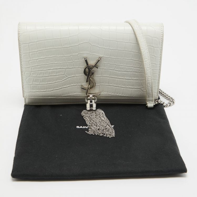 Pre Owned Saint Laurent White Croc Embossed Leather Kate Tassel Chain Wallet