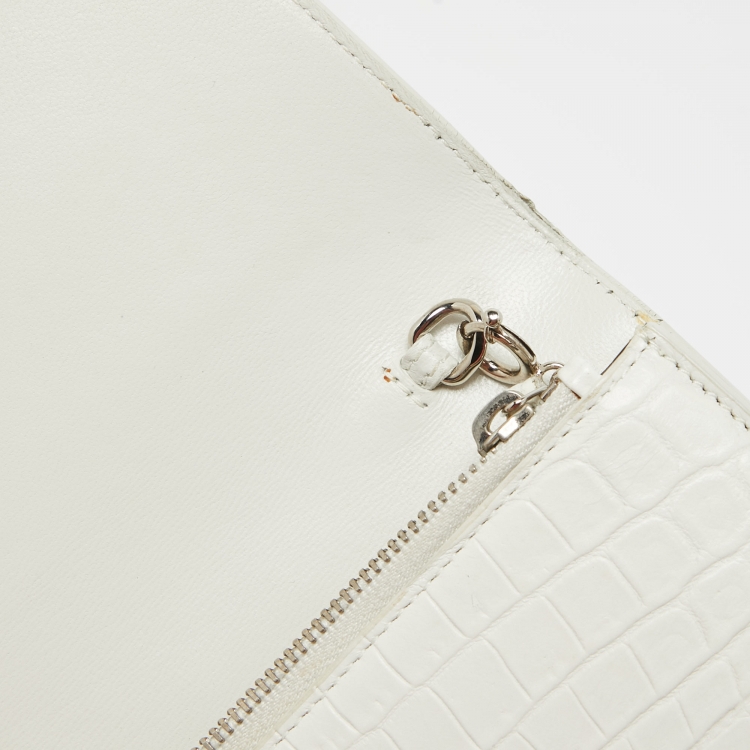 Pre Owned Saint Laurent White Croc Embossed Leather Kate Tassel Chain Wallet
