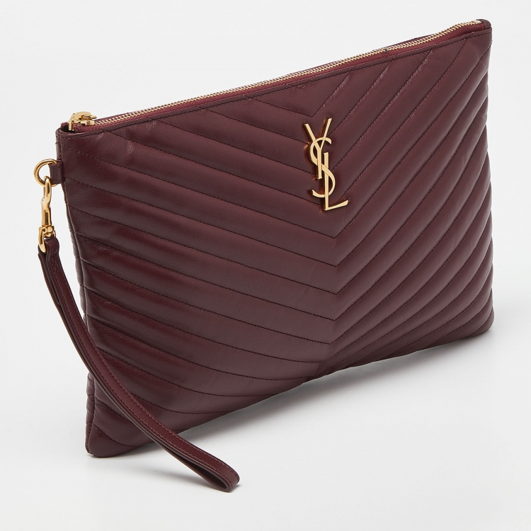Pre Owned Saint Laurent Burgundy Matelassé Leather Monogram Wristlet Pouch