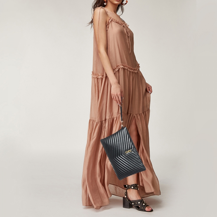 Pre Owned Saint Laurent Black Matelasse Leather Cassandre Wristlet Pouch