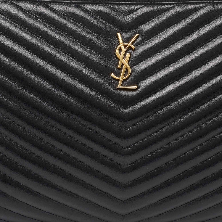 Pre Owned Saint Laurent Black Matelasse Leather Cassandre Wristlet Pouch