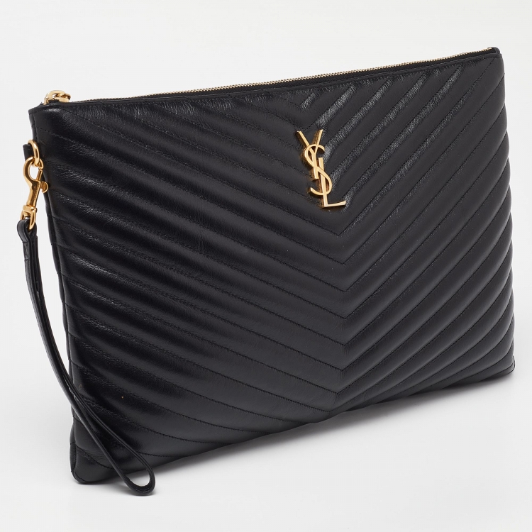Pre Owned Saint Laurent Black Matelasse Leather Cassandre Wristlet Pouch
