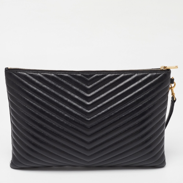 Pre Owned Saint Laurent Black Matelasse Leather Cassandre Wristlet Pouch