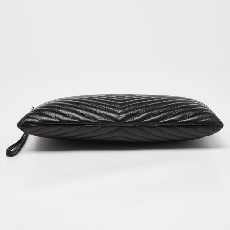 Pre Owned Saint Laurent Black Matelasse Leather Cassandre Wristlet Pouch