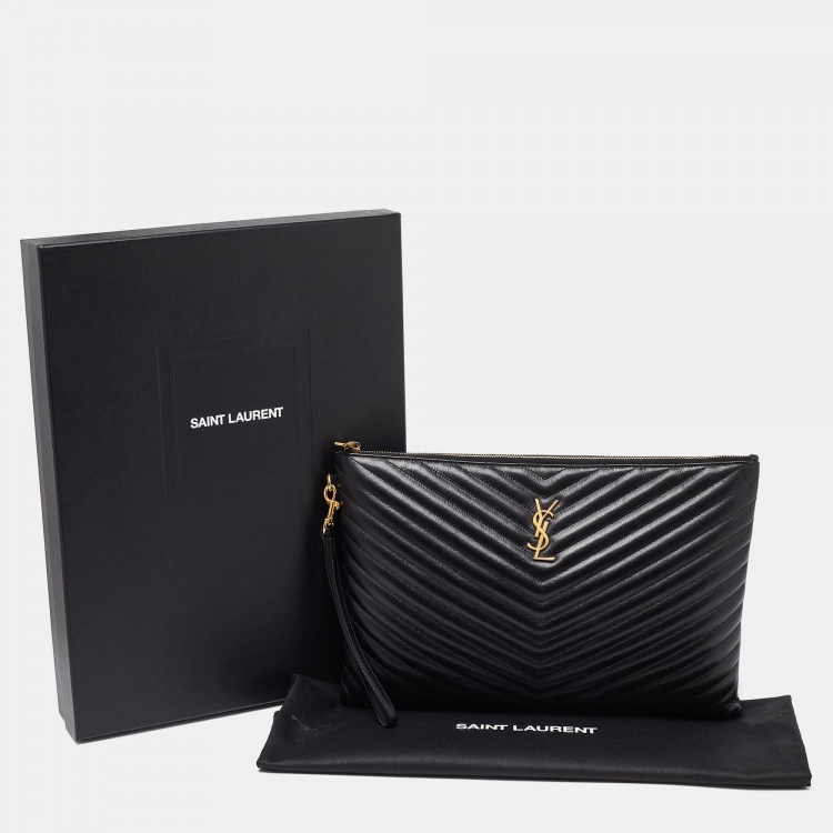 Pre Owned Saint Laurent Black Matelasse Leather Cassandre Wristlet Pouch