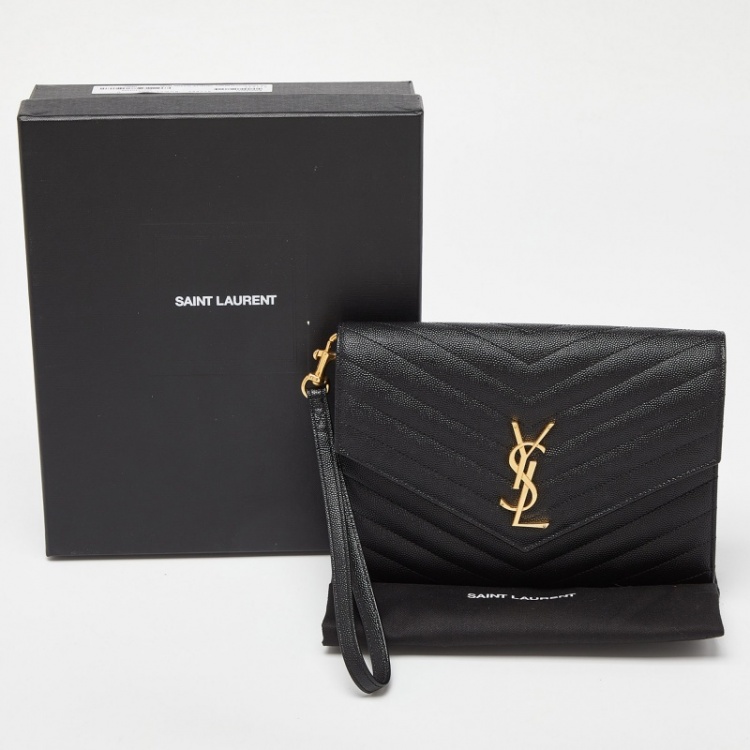 Pre Owned Saint Laurent Black Matelasse Leather Cassandra Wristlet Pouch