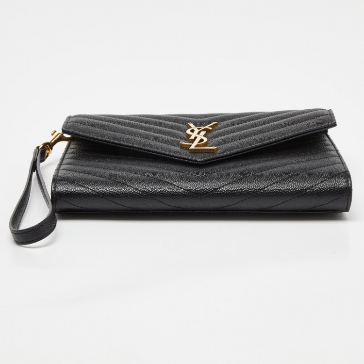 Pre Owned Saint Laurent Black Matelasse Leather Cassandra Wristlet Pouch