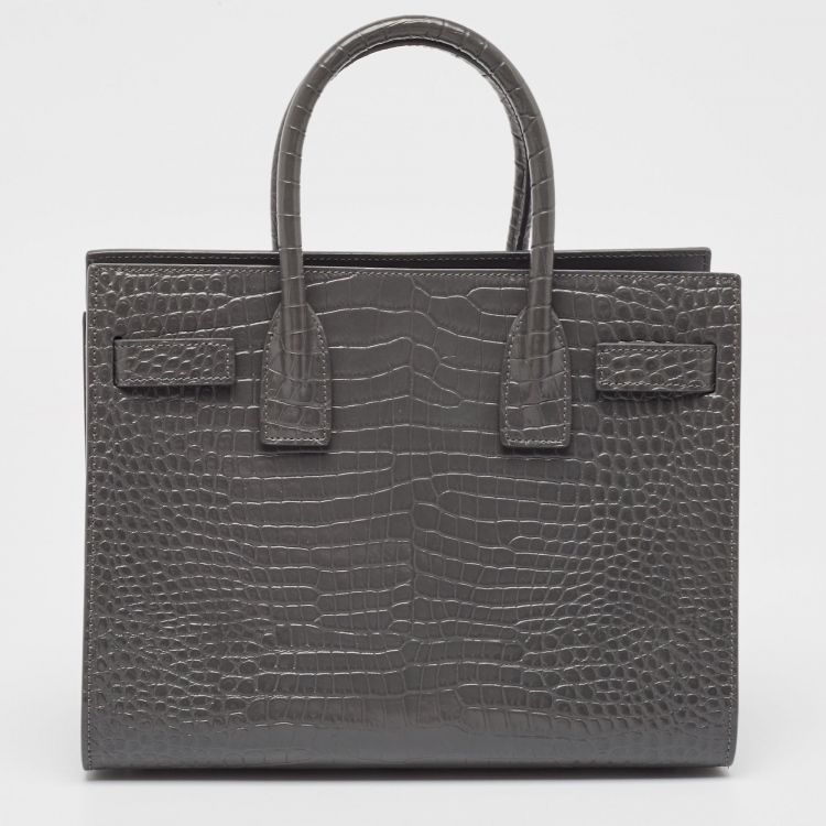 Pre Owned Saint Laurent Grey Croc Embossed Leather Baby Classic Sac De Jour Tote
