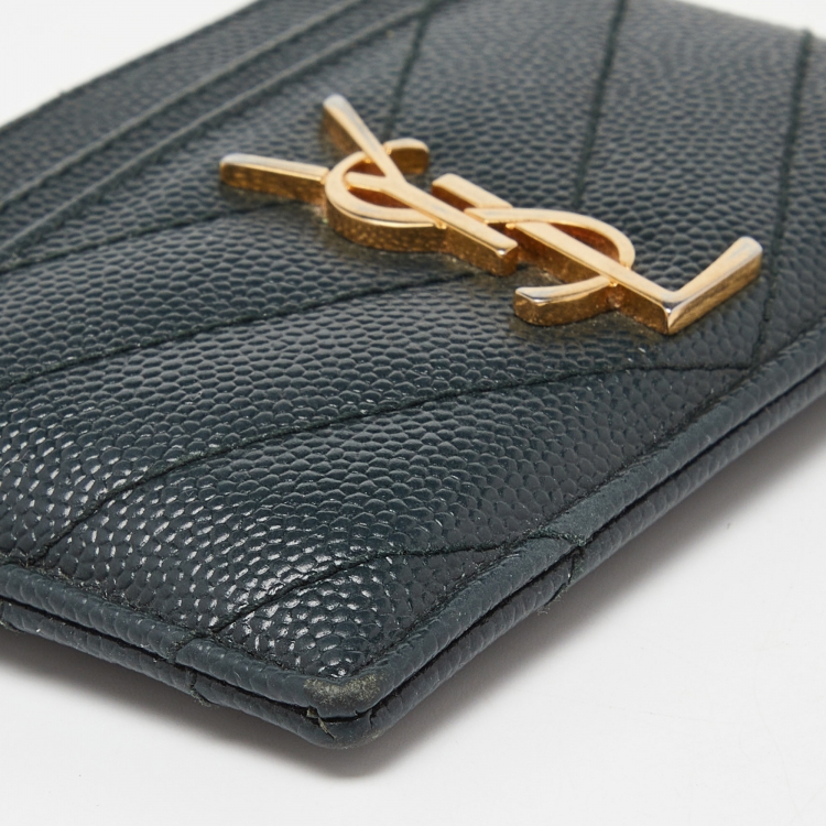 Pre Owned Saint Laurent Green Matelassé Leather Monogram Card Holder