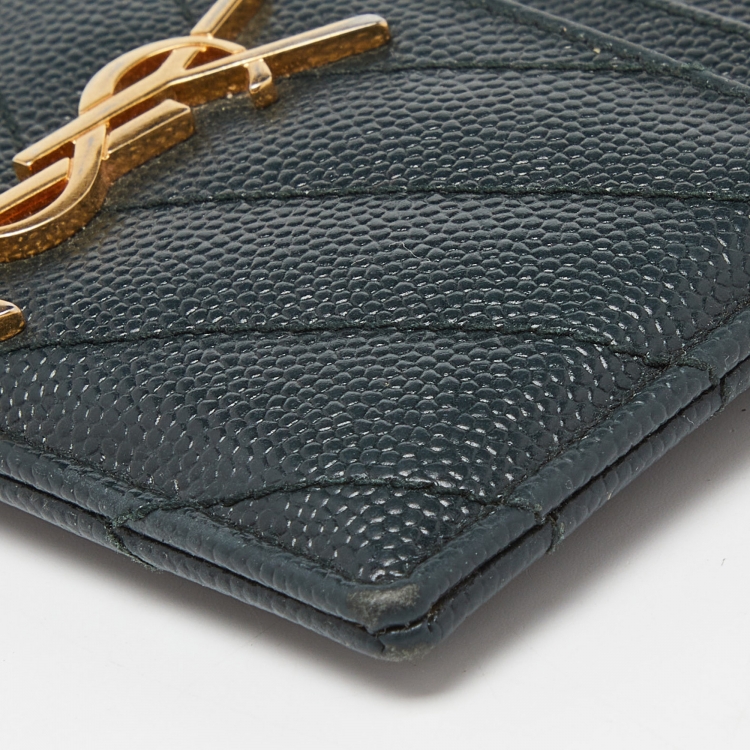 Pre Owned Saint Laurent Green Matelassé Leather Monogram Card Holder