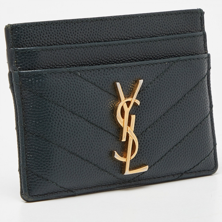 Pre Owned Saint Laurent Green Matelassé Leather Monogram Card Holder