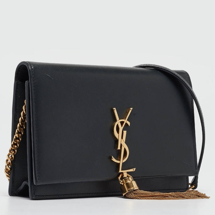 Pre Owned Saint Laurent Matte Black Leather Kate Tassel Wallet On Chain
