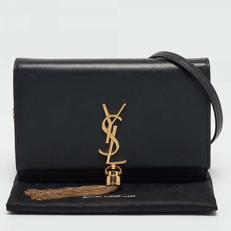 Pre Owned Saint Laurent Matte Black Leather Kate Tassel Wallet On Chain