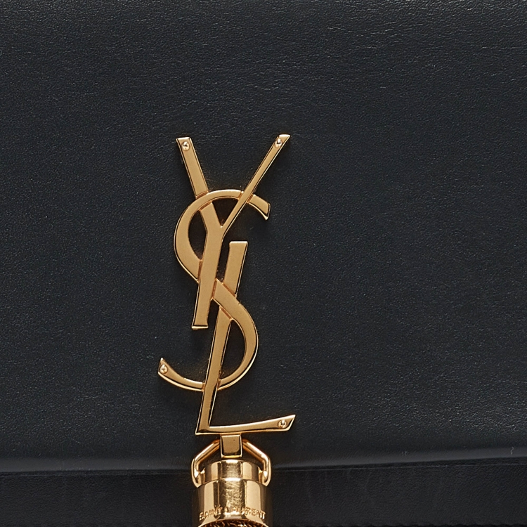 Pre Owned Saint Laurent Matte Black Leather Kate Tassel Wallet On Chain