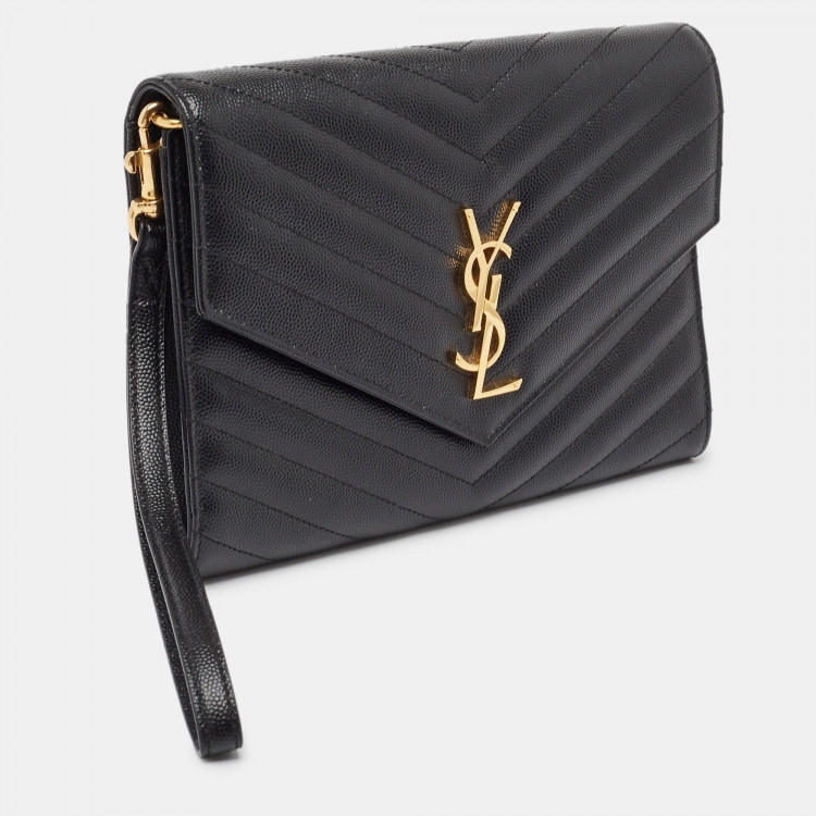 Pre Owned Saint Laurent Black Matelasse Leather Cassandre Wristlet Pouch