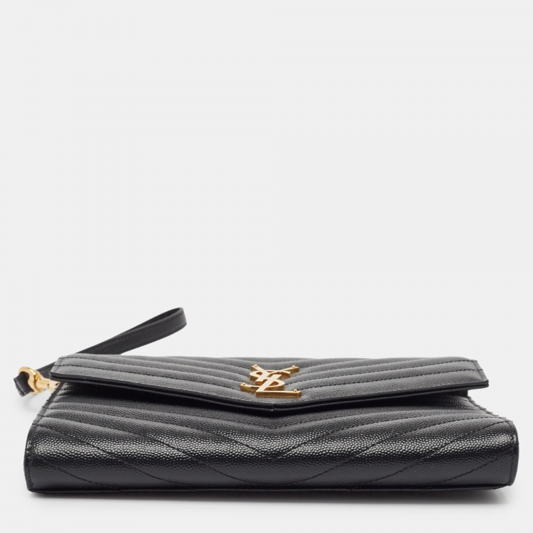 Pre Owned Saint Laurent Black Matelasse Leather Cassandre Wristlet Pouch