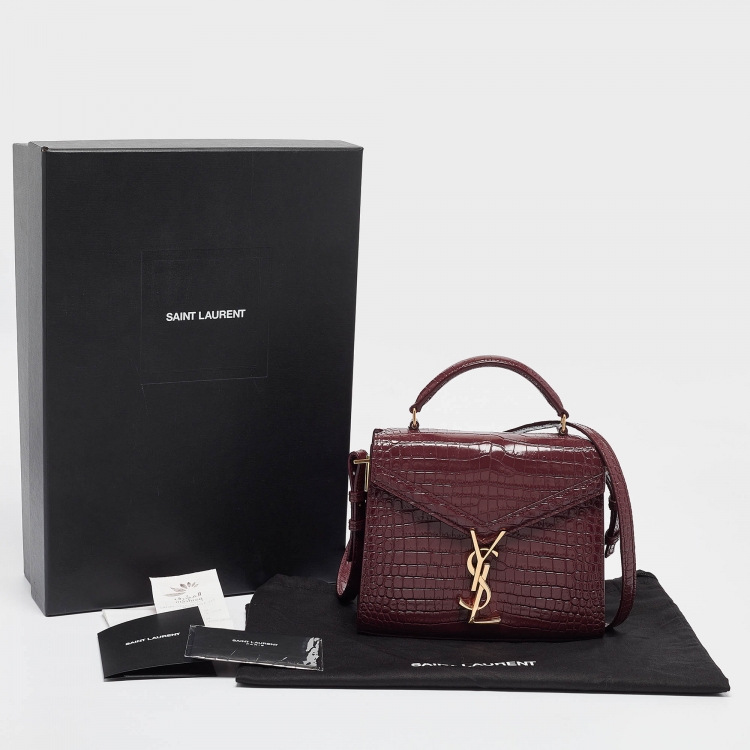 Pre Owned Saint Laurent Burgundy Croc Embossed Leather Mini Cassandra Top Handle Bag