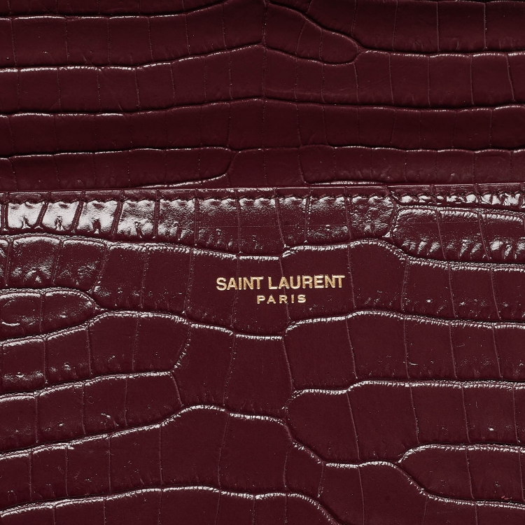 Pre Owned Saint Laurent Burgundy Croc Embossed Leather Mini Cassandra Top Handle Bag